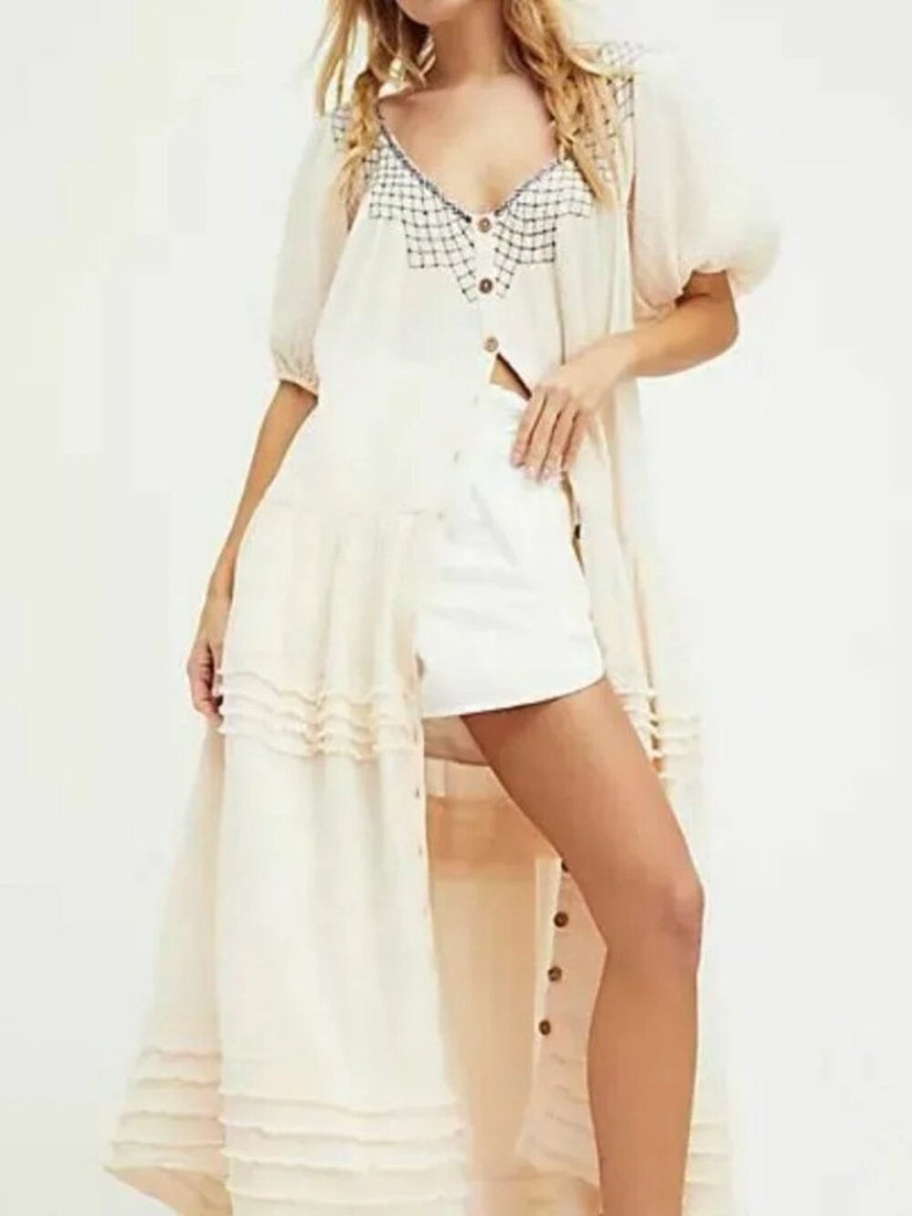 Free People Sunday Stroll Maxi Dress Puff Sleeve Summer Buttondown S US ITEM